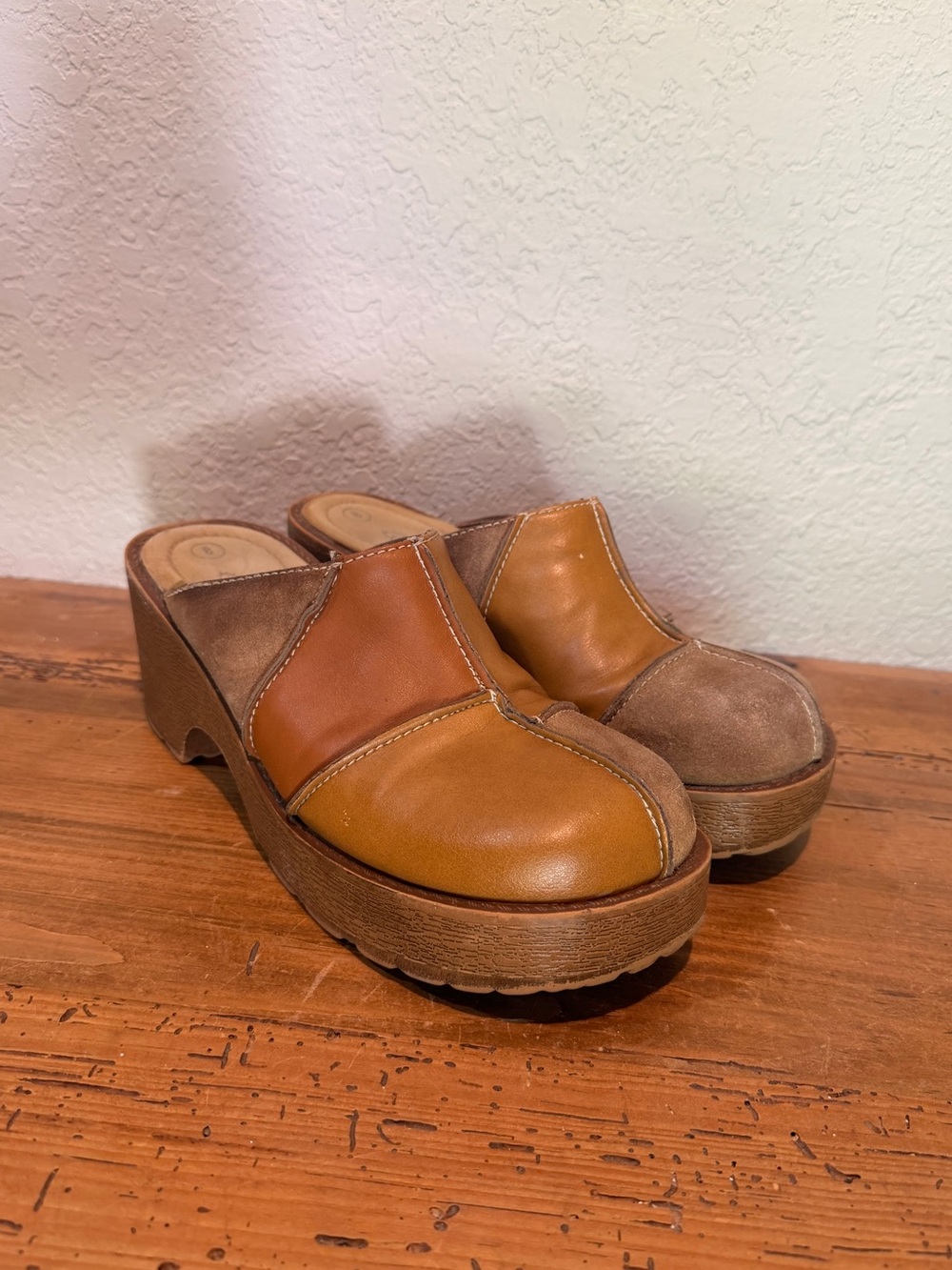 VTG Y2K 90s Chunky Brown Suede Patchwork Lower East Side Mule Clogs